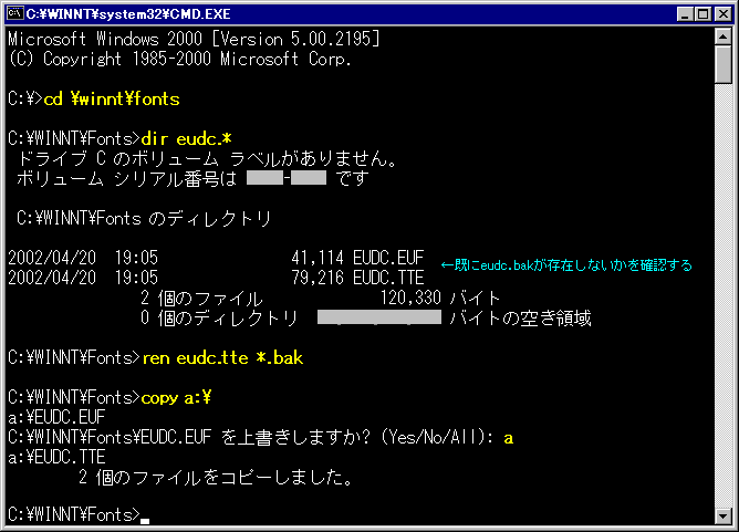 Microsoft Windows 2000 [Version 5.00.2195]
(C) Copyright 1985-2000 Microsoft Corp.

C:\>cd \winnt\fonts

C:\WINNT\Fonts>dir eudc.*
 hCu D ̃{[ x܂B
 {[ VAԍ XXXX-XXXX ł

 C:\WINNT\Fonts ̃fBNg

2002/04/20  19:05               79,216 EUDC.bak
2002/04/20  19:05               79,216 EUDC.bak2
2002/04/20  19:05               41,114 EUDC.EUF
               3 ̃t@C             199,546 oCg
               0 ̃fBNg  XX,XXX,XXX,XXX oCg̋󂫗̈

C:\WINNT\Fonts>
C:\WINNT\Fonts>copy a:\eudc.*
a:\EUDC.EUF
C:\WINNT\Fonts\EUDC.EUF ㏑܂? (Yes/No/All): a
a:\EUDC.TTE
        2 ̃t@CRs[܂B

C:\WINNT\Fonts>